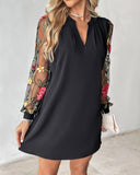 Floral Embroidery Mesh Patch Ruched Casual Dress