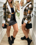 Plaid Pattern Lapel Long Sleeve Blazer Button Front Fleece Lined Coat