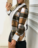 Plaid Pattern Lapel Long Sleeve Blazer Button Front Fleece Lined Coat