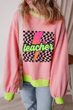 Pink Teacher Lightning Checkered Print Color Block Sweatshirt