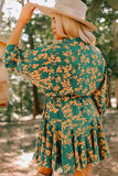 Green Floral Print Drawstring Tunic Flowy Short Dress