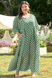 Green Geometric Floral Print Half Sleeve Plus Size Maxi Dress