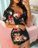 Floral Print Plunge Ruffle Hem Bodycon Dress