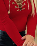 V Neck Long Sleeve Chain Decor T Shirt Casual Slim Fit Ribbed Top
