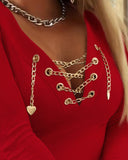 V Neck Long Sleeve Chain Decor T Shirt Casual Slim Fit Ribbed Top