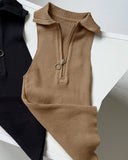 Sleeveless Polo Neck Metal Zipper Front Tank Casual Slim Fit Knit Top