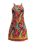 Multi Color Abstract Print Hollow Out Casual Dress