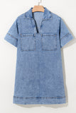 Beau Blue Short Sleeve Collared Patched Pocket Denim Mini Dress