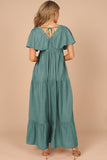 Green Textured V Neck Flutter Sleeve Ruffled Maxi Dress