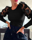 Shoulder 3D Sheer Flower Patch Long Sleeve Knit Shirt Casual Slim Fit Top
