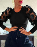 Shoulder 3D Sheer Flower Patch Long Sleeve Knit Shirt Casual Slim Fit Top