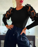 Shoulder 3D Sheer Flower Patch Long Sleeve Knit Shirt Casual Slim Fit Top