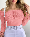 Off Shoulder Guipure Lace Frill Hem Drawstring Top