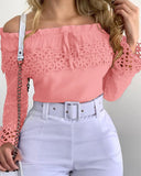 Off Shoulder Guipure Lace Frill Hem Drawstring Top