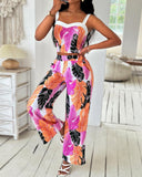 Tropical Leaf Print Crop Top & Wide Leg Pants Set