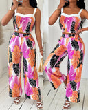 Tropical Leaf Print Crop Top & Wide Leg Pants Set