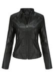 Black Leatherette Button Tab Stand Neck Zip Motor Jacket