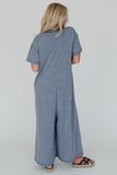 Beau Blue Half Placket Chest Pockets Short Sleeve Wide Leg Jumpsuit