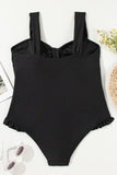 Black Plus Size Textured Knotted Ruffled Trim One Piece Swimwear