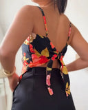 Floral Print Bandeau Spaghetti Strap Tank Casual Back Tied Detail Asymmetrical Hem Top