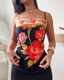 Floral Print Bandeau Spaghetti Strap Tank Casual Back Tied Detail Asymmetrical Hem Top