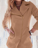 Notched Collar Studded Zipper Closure Pocket Design Coat