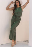 Vineyard Green Buttoned Drawstring Waist Sleeveless Wide Leg Jumpsuit