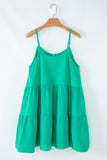 Sea Green Textured Buttoned Thin Strap Tiered Loose Fit Mini Dress