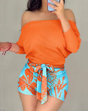 Off the Shoulder Long Sleeve Top Tied Detail Romper with Belt