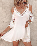 Contrast Lace Cold Shoulder Flowy Top & Shorts Set