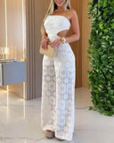 Bandeau Eyelet Embroidery Tied Detail Overalls Casual Cutout Jumpsuit(With Lining)