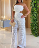 Bandeau Eyelet Embroidery Tied Detail Overalls Casual Cutout Jumpsuit(With Lining)
