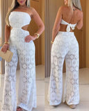 Bandeau Eyelet Embroidery Tied Detail Overalls Casual Cutout Jumpsuit(With Lining)