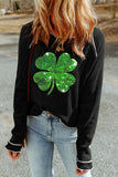 Black Sequin Four Leaf Clover Contrast Lettuce Trim Long Sleeve Top