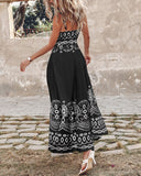 Floral Print V Neck Button Front Sleeveless Maxi Dress Casual Hollow Out A Line Dress