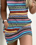Chevron Pattern V Neck Chain Decor Pocket Design Mini Dress