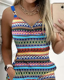 Chevron Pattern V Neck Chain Decor Pocket Design Mini Dress