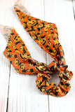 Orange Halloween Pumpkin Face Printed Satin Scrunch Hair Tie