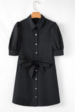 Black Button Up Tie Waist Puff Sleeve Mini Dress