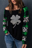 Green Leopard Plaid Patchwork Long Sleeve Rhinestone Lucky Clover Graphic Top