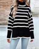 Striped High Neck Side Slit Knit Sweater