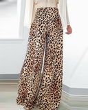 Leopard Print Strechy Waist Wide Leg Pants Casual Loose Fit  Flared Pants