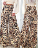 Leopard Print Strechy Waist Wide Leg Pants Casual Loose Fit  Flared Pants