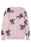 Light Pink Bow Pattern Knitted Loose Fit Sweater