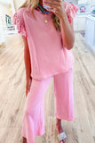 Pink Textured Pearled Ruffled Sleeve Wide Leg Pants Set
