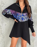 Stand Collar Contrast Sequin Zipper Design Irregular Oversized Top