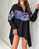 Stand Collar Contrast Sequin Zipper Design Irregular Oversized Top