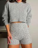 2 Piece Crewneck Long Sleeve Cable Knit Crop Sweater High Waist Shorts Tracksuits Outfits