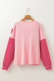 Pink Floral Patch Color Block Striped Sleeve Textured Top