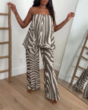 2 Pieces Outfit Zebra Stripe Print Stretchy Trim Loose Bandeau Top and Casual Elastic Back Waist Wide Leg Pants Set
